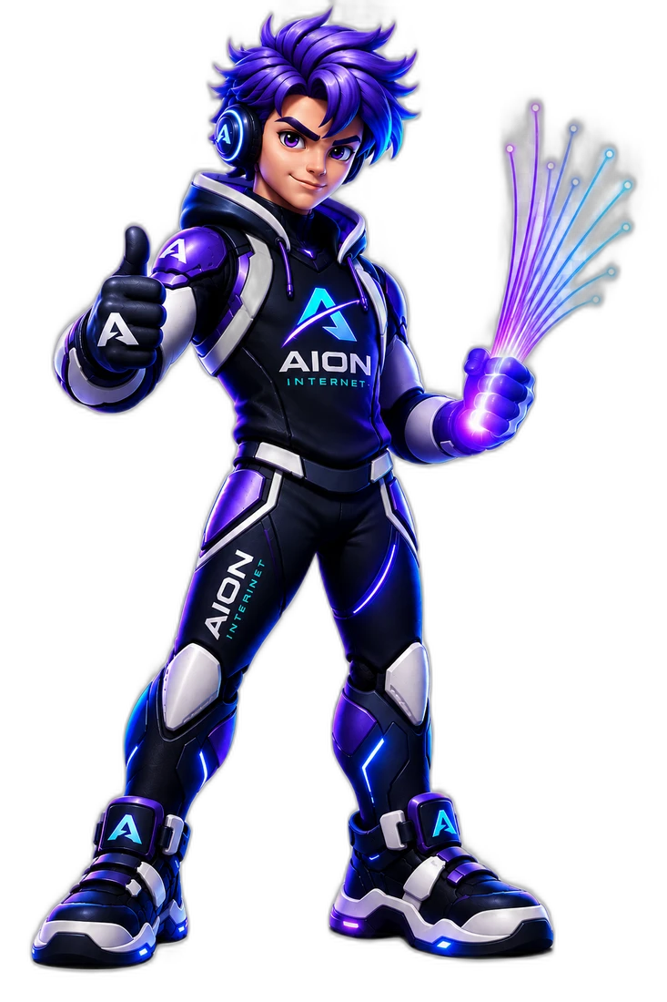Mascote AION Internet: personagem com uniforme tecnológico segurando fibras ópticas iluminadas